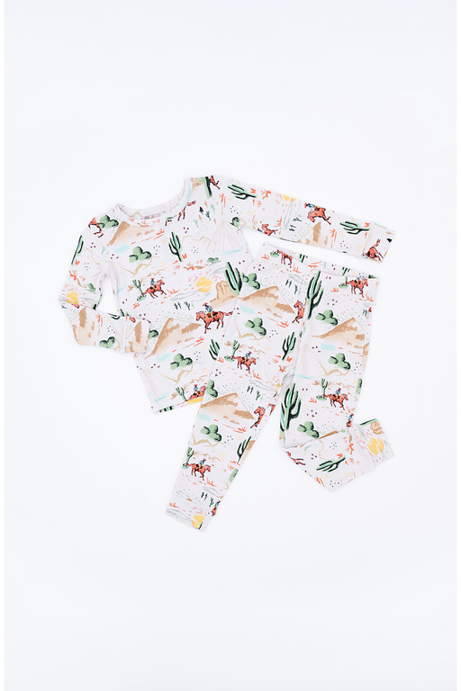 Billy Western Print Kids Pajama Set on White Background