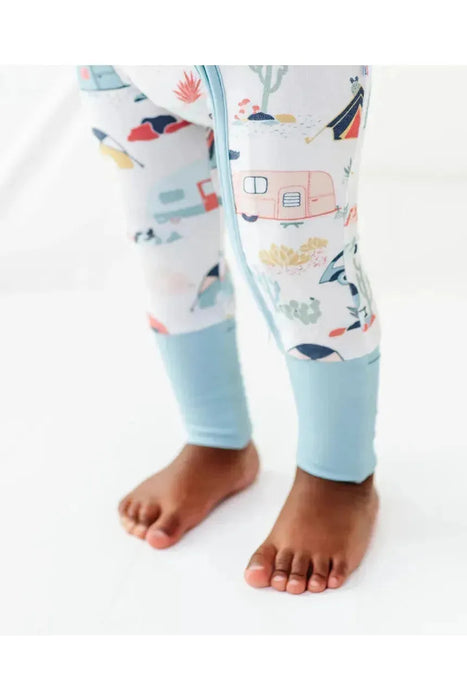 Blue cuff detail shot of Bamboo Desert Adventure Happy Camper Tents and Cactus One Piece Zip Romper Sleeper