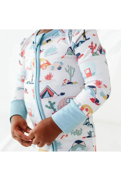 Body close up detail of Bamboo Desert Adventure Happy Camper Tents and Cactus One Piece Zip Romper Sleeper