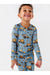 Boy model smiling in blue bamboo Construction Worksite truck pajamas