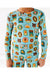 Close up of Kid model wearing bamboo pajamas featuring bright, adorable illustrated adventure merit patches in Let's Explore print