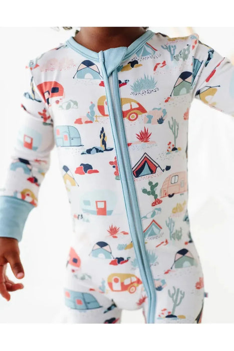 Close up model wearing Bamboo Desert Adventure Happy Camper Tents and Cactus One Piece Zip Romper Sleeper