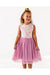 Girl model wearing Darling Spring Daisy bamboo tulle dress with peach, lilac, golden, and sage blooms