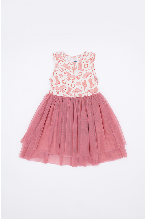 Kids Pink Dixie Cowboy Western Print Bamboo Tank Dress with Pink Tulle Skirt on White Backdrop