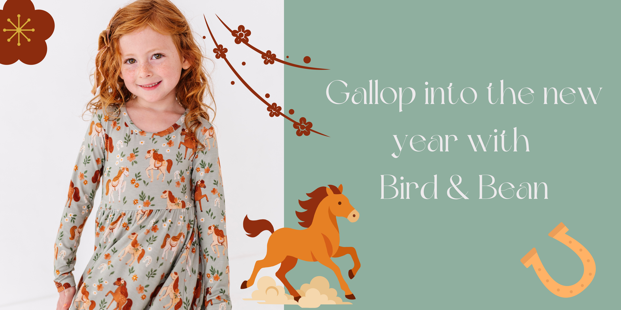 Young girl in a dress with horse print, promotional text for 'Bird & Bean' on a green background.