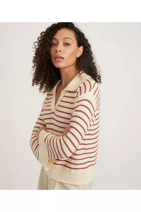 Sage Polo Sweater in White/Brick Stripe