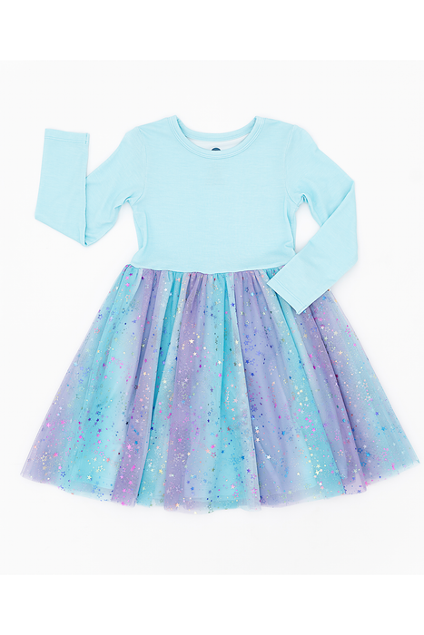 A girls' long-sleeve Bird and Bean dress with a light blue knit top and a sparkly tulle skirt in pastel blue, lavender, and purple, shown on a plain white background.