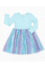 A girls' long-sleeve Bird and Bean dress with a light blue knit top and a sparkly tulle skirt in pastel blue, lavender, and purple, shown on a plain white background.