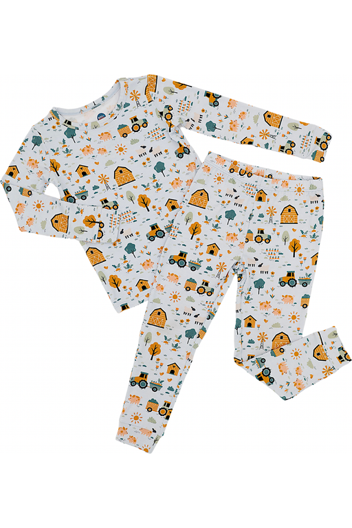 Bamboo Kids Farmyard print Pajama flat lay - Sawyer Farm Friends pattern - Bird and Bean