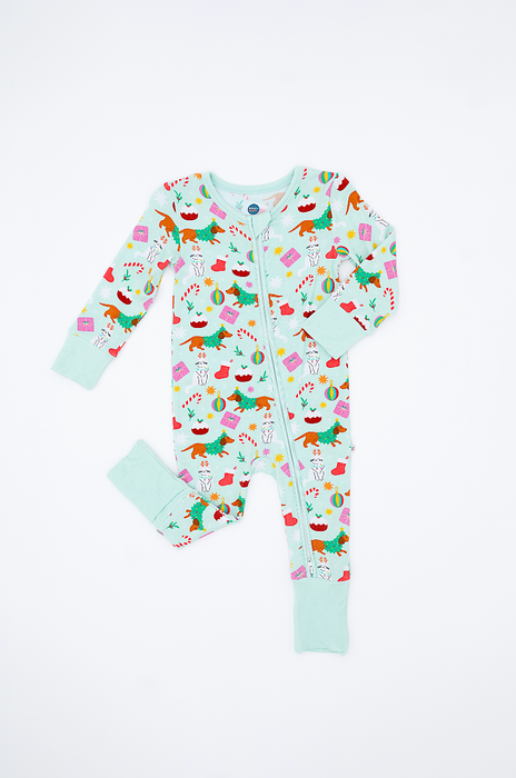 Bamboo One Piece Zip Pajama - Festive Friends Holiday