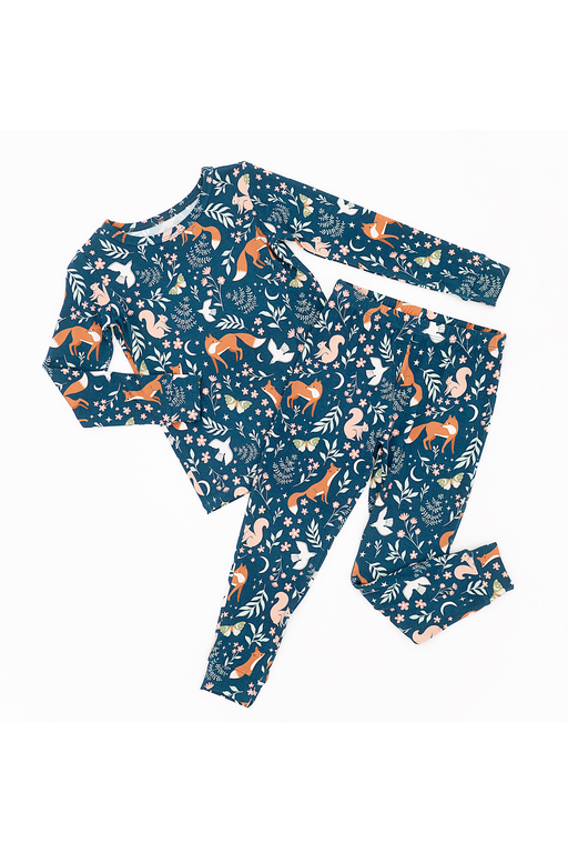 Alice Woodland Bamboo Pajama Set - Whimsical Forest Print White Background Flat Lay | Bird & Bean