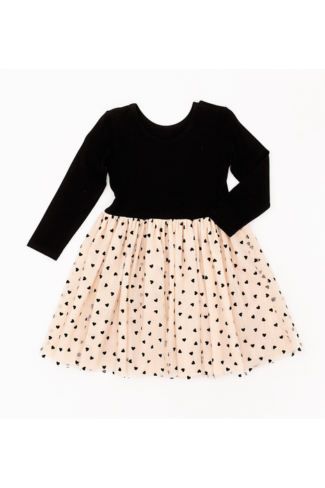 Black long-sleeve top with a beige tulle skirt featuring black heart patterns on a white background. | Bird and Bean Holiday Shop