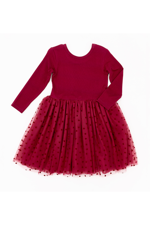 Red dress with long sleeves and a tulle skirt on a white background | Bird and Bean Holiday Shop