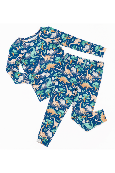 Children's bamboo pajama set with dinosaur pattern on a blue background - Bird and Bean 