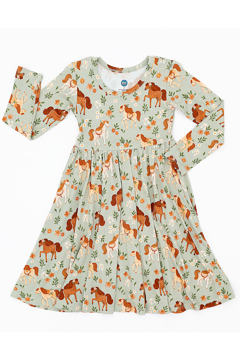 Children's long sleeeve bamboo dress with horse pattern  - Bird and Bean Original 