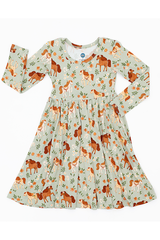 Children's long sleeeve bamboo dress with horse pattern  - Bird and Bean Original 
