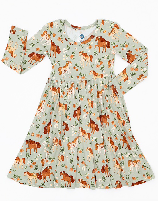 Children's long sleeeve bamboo dress with horse pattern  - Bird and Bean Original 