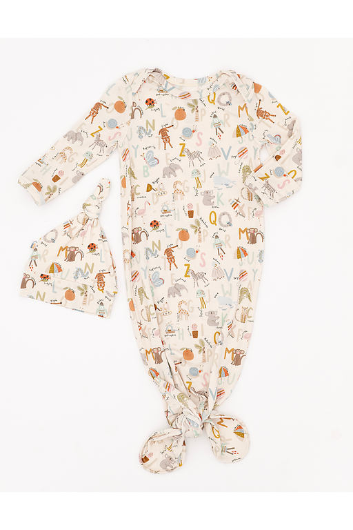 Newborn sleep gown and hat set with animal and alphabet pattern on a white background - Bird and Bean Bamboo Baby Line