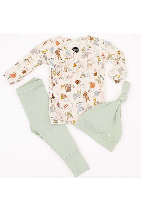 Bamboo Take Me Home Set  Animal ABC   set with long-sleeve shirt, pants, and headband on a white background - Bird and Bean Original 