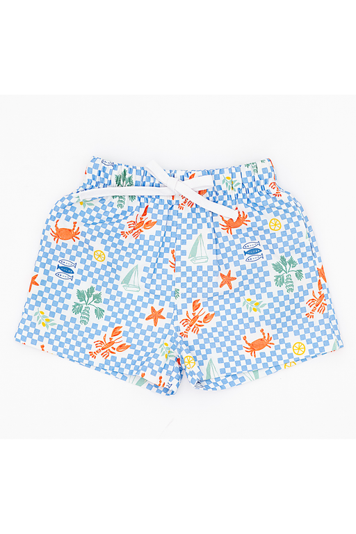 Children's swim shorts with a blue checkered pattern and sea-themed graphics on a white background Bird and Bean