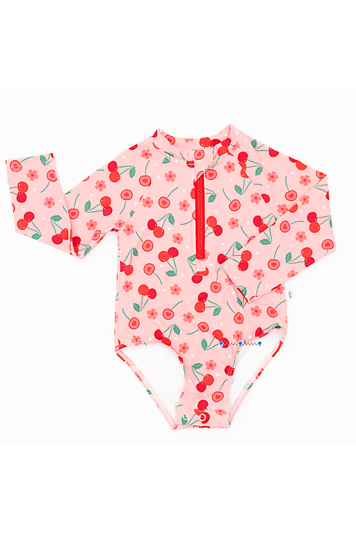 Girls rashguard swimsuit with cherry pattern on a white background - Bird and Bean Kids 