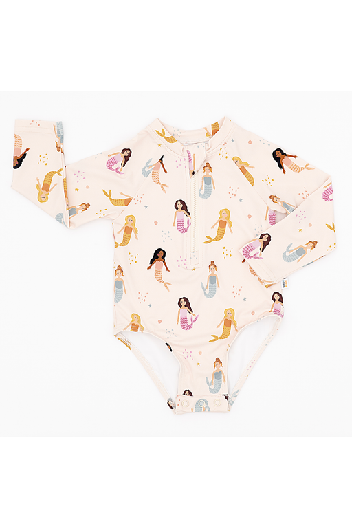 Baby rashguard long sleeve swimsuit with mermaid pattern on a white background Bird and Bean 