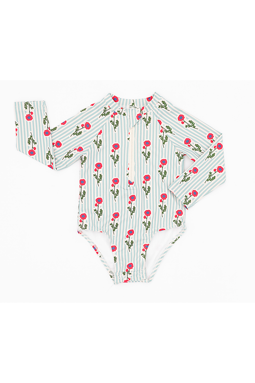 One-piece baby floral swimsuit with floral pattern on a white background - Bird and Bean