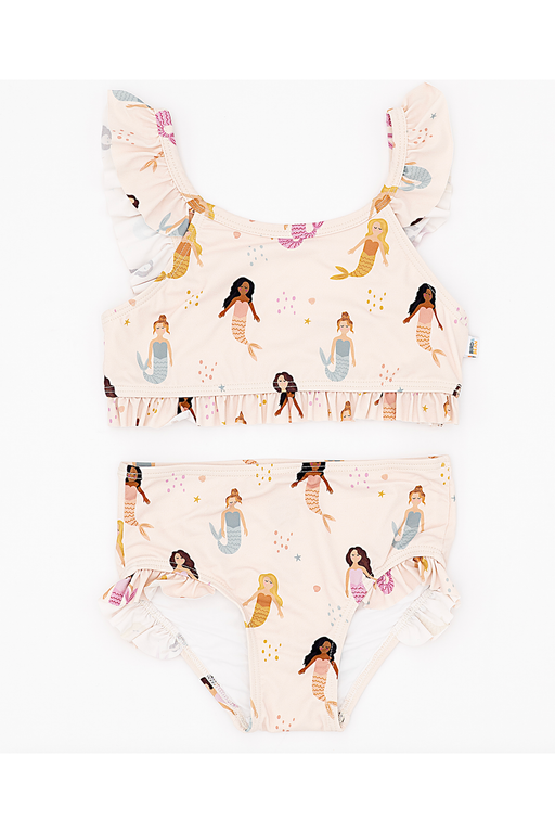 Set of top and bottom swimsuit with mermaid pattern on a white background Bird and Bean Brand