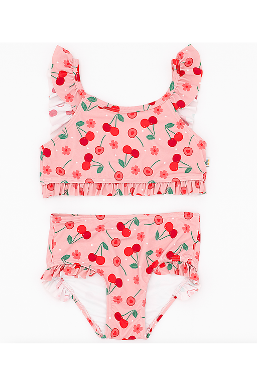 Two-piece girls swimsuit with cherry pattern on a white background Bird and Bean 