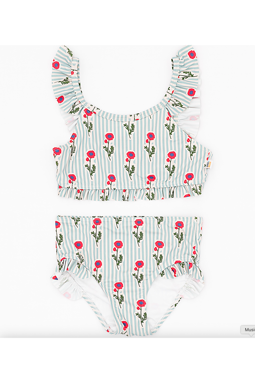 Two-piece girls swimsuit with floral and striped design on a white background Bird and Bean Kids 