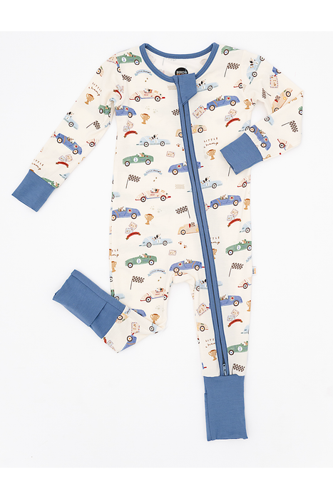 Baby zip romper with car pattern and blue zipper on a white background - Bird and Bean Kids 