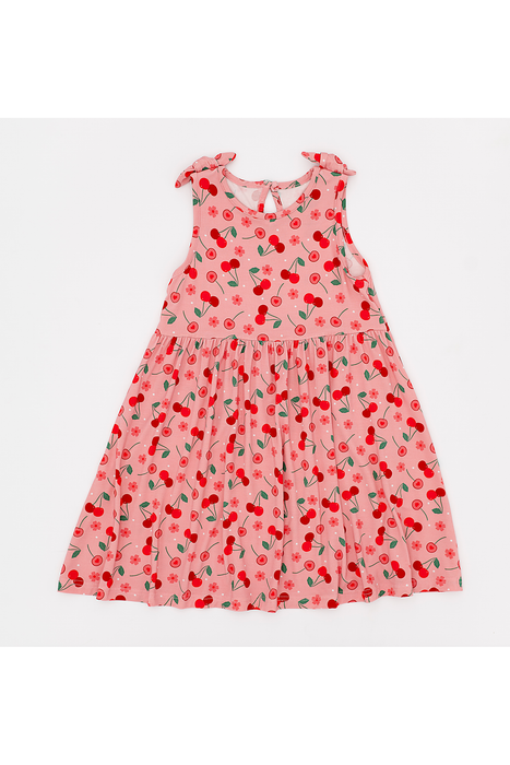Pink girls dress with cherry pattern on a white background | Bird and Bean Kids 