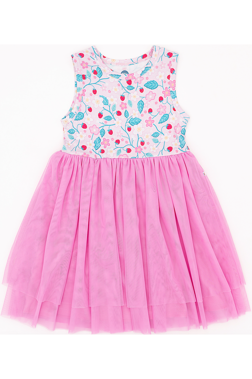 Strawberry Print Girls Tulle Pink Dress on White Background - Bird and Bean