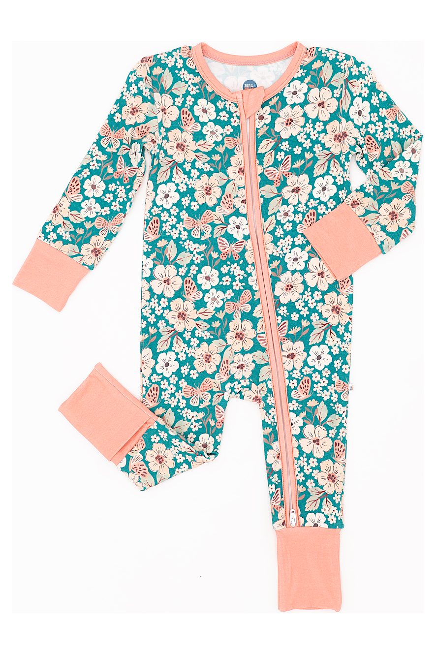 Baby Girl Bamboo One Piece Zip Pajama - Floral with Pink