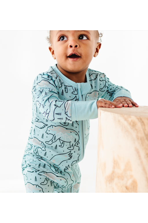 Cosmo Constellation Baby Romper - Sky Blue Bamboo on baby Model | Bird & Bean