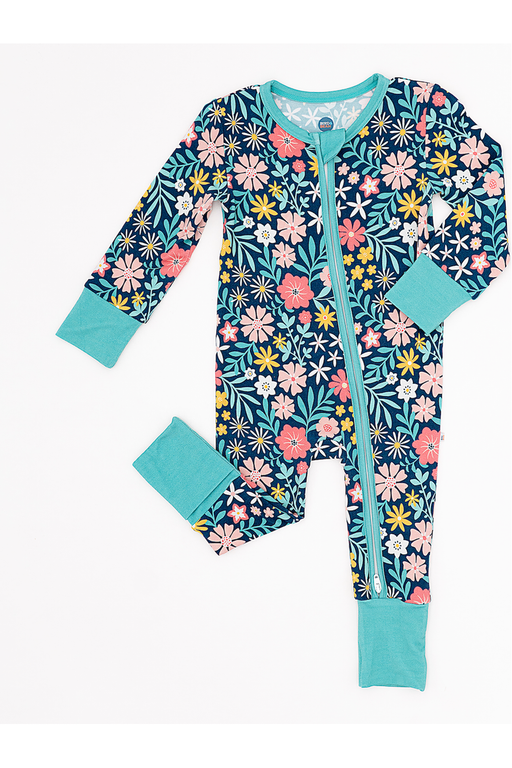 Bamboo One Piece Zip Pajama - Maren -  Blue Floral  - Bird and Bean