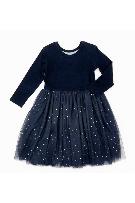 Navy blue dress with a tulle skirt featuring star patterns on a white background | Bird and Bean 