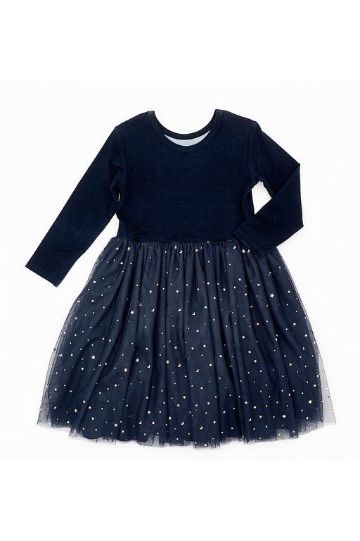 Navy blue dress with a tulle skirt featuring star patterns on a white background | Bird and Bean 
