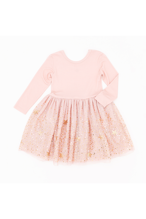Pale Pink girl dress with long sleeves and a sparkly tulle skirt  on a white background | Bird and Bean 