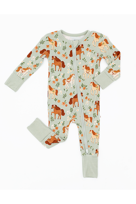 Bamboo One Piece Zip Pajama -Horsin' Around Print - Bird and Bean Original 