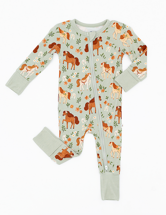 Bamboo One Piece Zip Pajama -Horsin' Around Print - Bird and Bean Original 