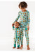 Two kids models wearing bamboo pajamas featuring bright, adorable illustrated adventure merit patches in Let's Explore print