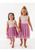 Two smiling kids wearing Darling Spring Daisy bamboo tulle dress with peach, lilac, golden, and sage blooms