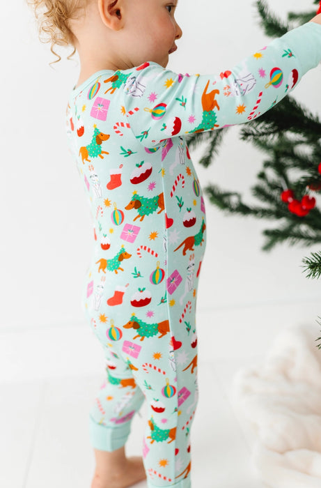 Bamboo One Piece Zip Pajama - Festive Friends Holiday