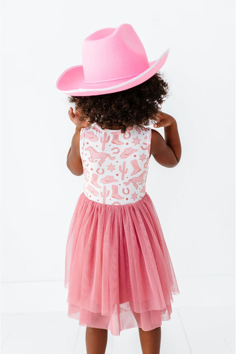 back view of Girl Model in pink cowboy hat wearing Dixie Cowboy Western Pink Tank bamboo dress with tulle skirt
