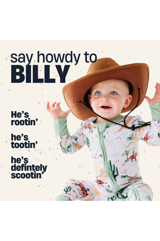 designed image of billy western one piece romper on child model wearing cowboy hat with western poster design reading "say howdy to billy. He's rootin', he's tootin', and he's definitely scootin'"