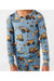 close up of Boy model in blue bamboo Construction Worksite truck pajamas