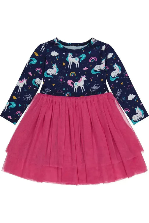 long sleeve unicorn kids dress with pink tulle skirt 