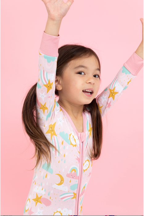 model wearing bird and bean pink bamboo pjs